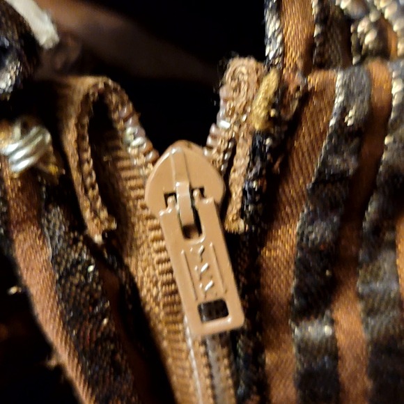 Vintage 70s Julia Womens M Brown Gold Taffeta Ribbed Dolman Sleeeve Disco Dress - Picture 13 of 14